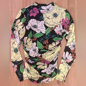 AFRM Floral Ruched Mesh Top L Large Sheer Stretch Long Sleeve Fitted Y2K